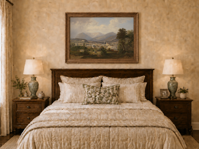 Landscape Oil Painting - European Mountain Town, Church, Valley