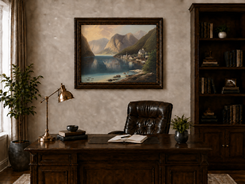 Peinture à l'huile de paysage - Village alpin au bord du lac au crépuscule