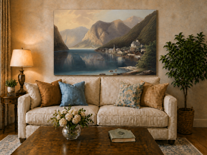 Peinture à l'huile de paysage - Village alpin au bord du lac au crépuscule