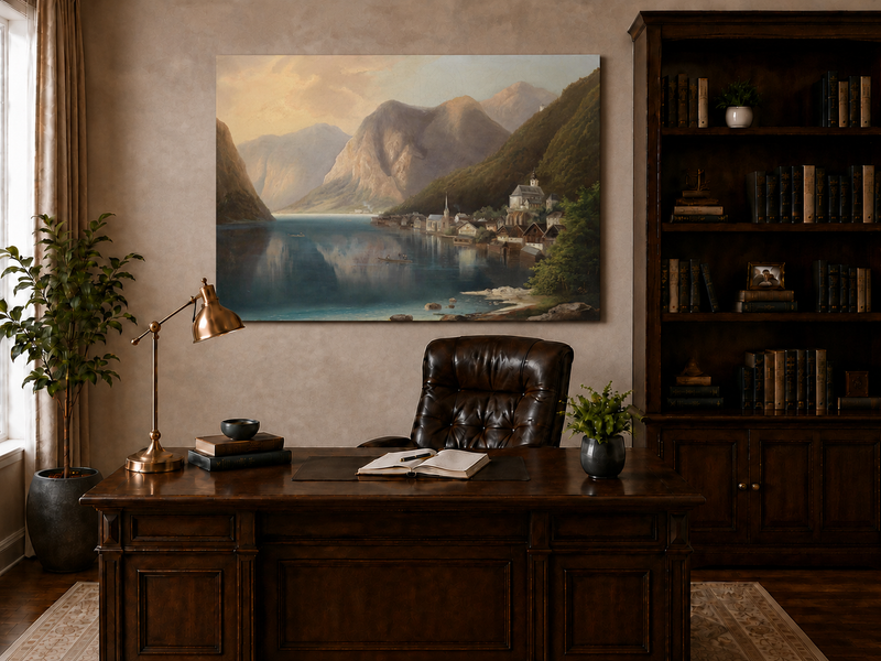 Peinture à l'huile de paysage - Village alpin au bord du lac au crépuscule