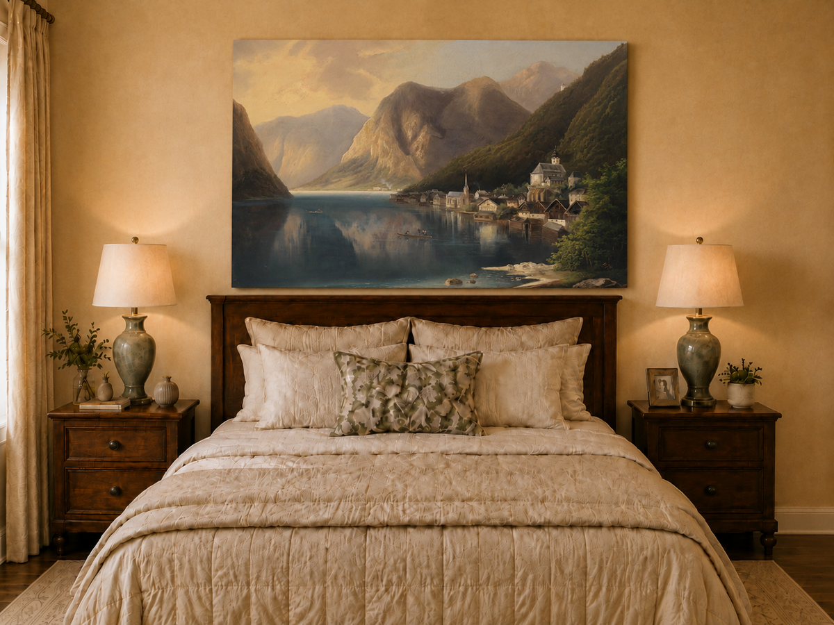 Peinture à l'huile de paysage - Village alpin au bord du lac au crépuscule