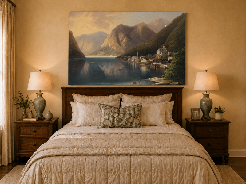 Peinture à l'huile de paysage - Village alpin au bord du lac au crépuscule