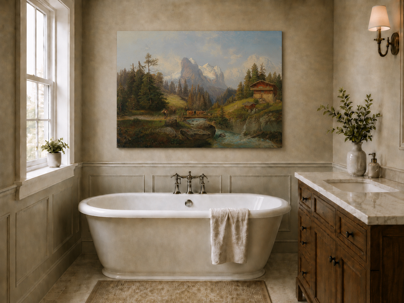 Peinture à l'huile de paysage - Ferme alpine, ruisseau, bétail, neige
