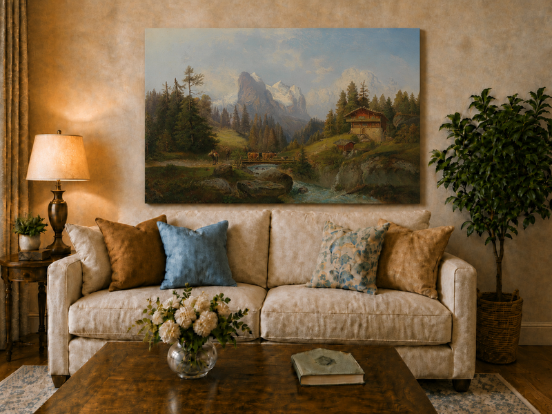 Peinture à l'huile de paysage - Ferme alpine, ruisseau, bétail, neige