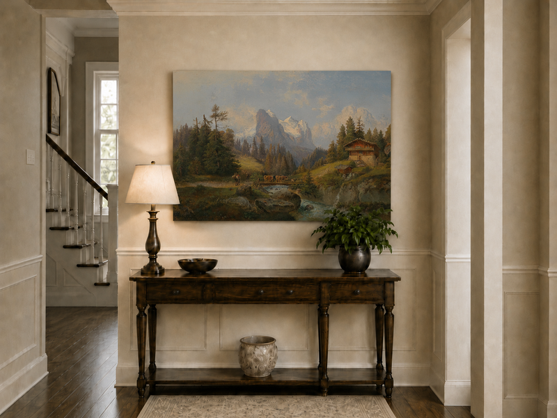 Peinture à l'huile de paysage - Ferme alpine, ruisseau, bétail, neige