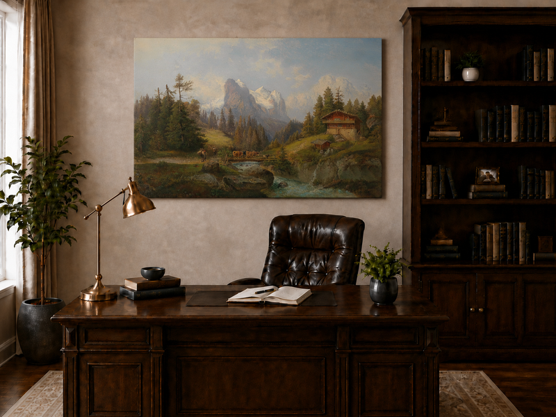 Peinture à l'huile de paysage - Ferme alpine, ruisseau, bétail, neige