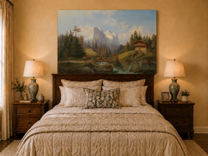 Peinture à l'huile de paysage - Ferme alpine, ruisseau, bétail, neige