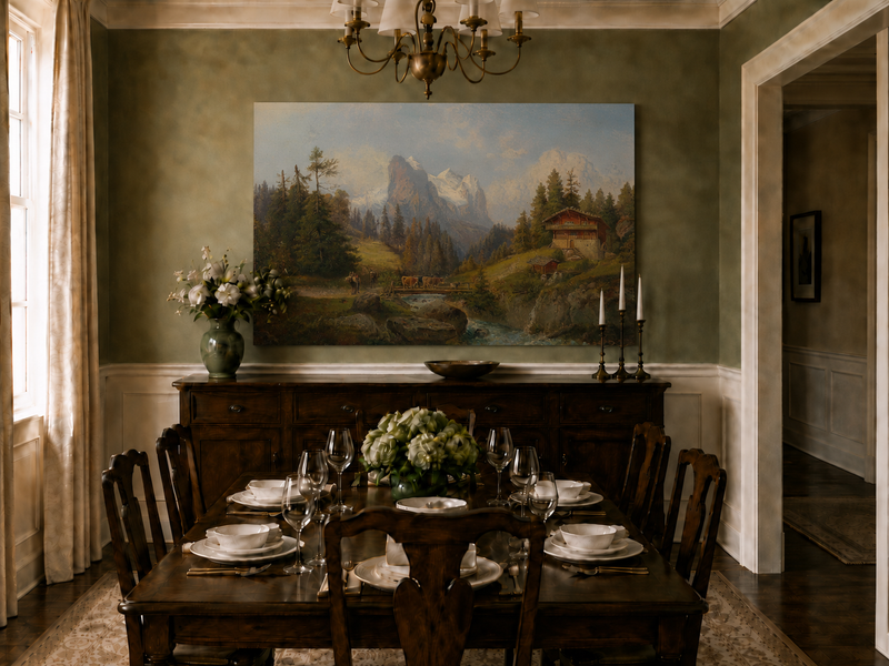 Peinture à l'huile de paysage - Ferme alpine, ruisseau, bétail, neige