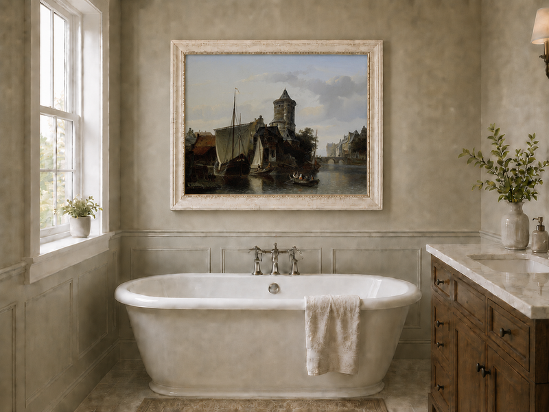 Landscape Oil Painting - Harbor Tower and Boats on Quiet Canal