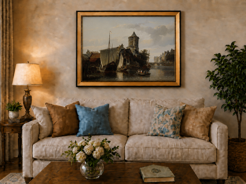 Landscape Oil Painting - Harbor Tower and Boats on Quiet Canal