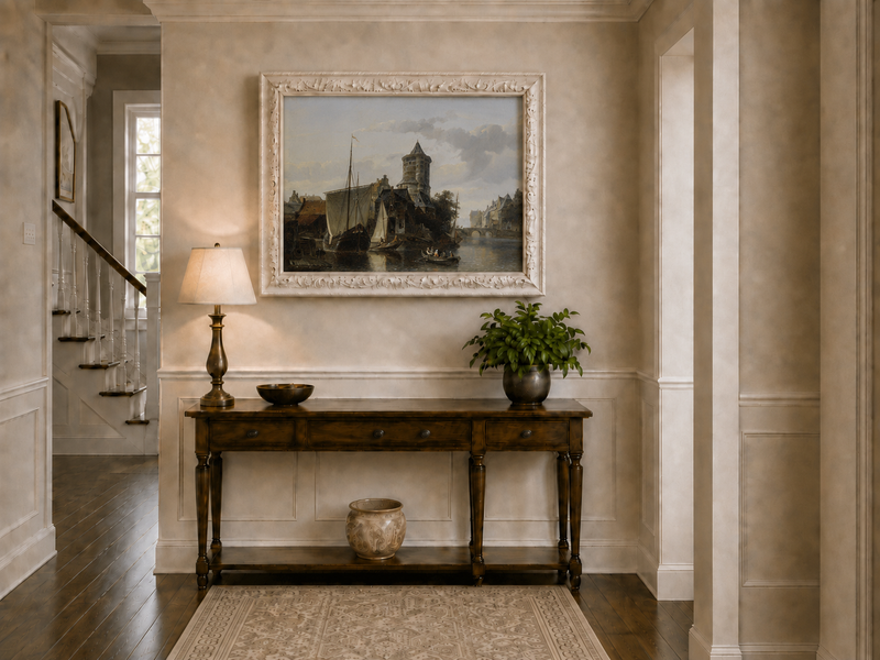 Landscape Oil Painting - Harbor Tower and Boats on Quiet Canal