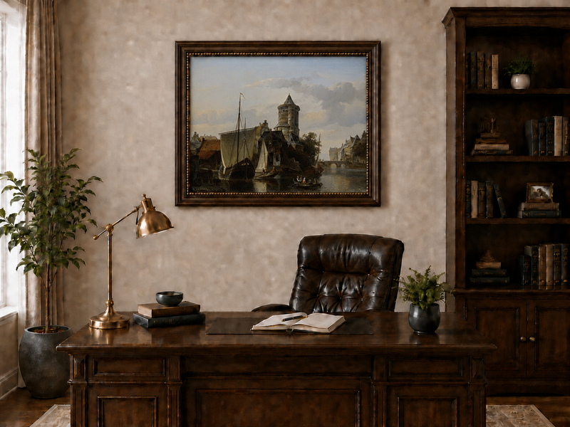 Landscape Oil Painting - Harbor Tower and Boats on Quiet Canal