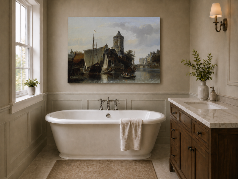 Landscape Oil Painting - Harbor Tower and Boats on Quiet Canal