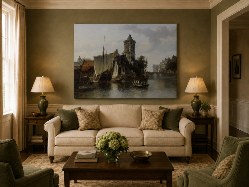 Landscape Oil Painting - Harbor Tower and Boats on Quiet Canal