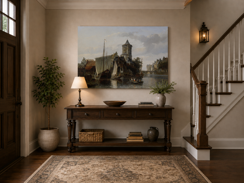 Landscape Oil Painting - Harbor Tower and Boats on Quiet Canal