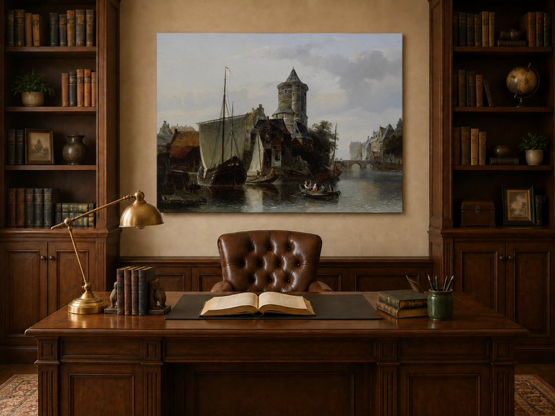 Landscape Oil Painting - Harbor Tower and Boats on Quiet Canal