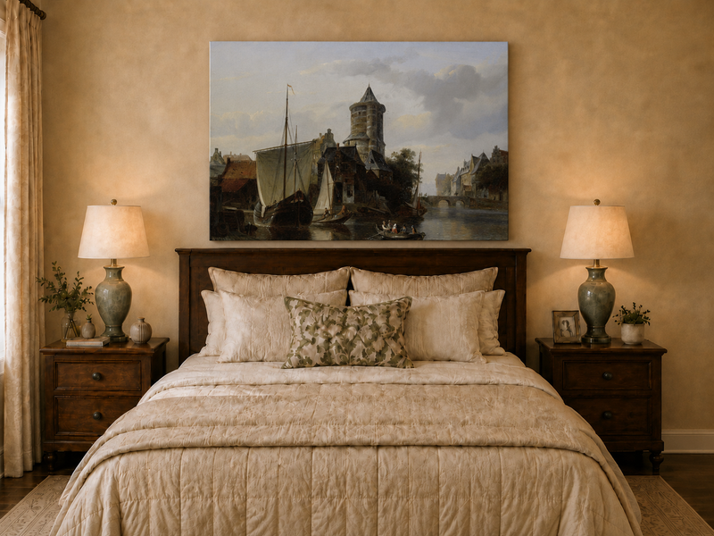 Landscape Oil Painting - Harbor Tower and Boats on Quiet Canal