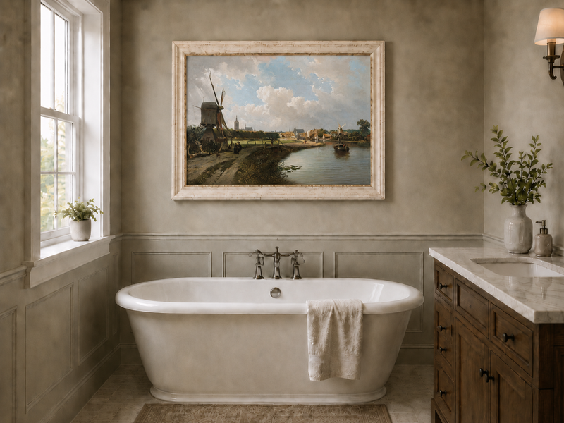 Landscape Oil Painting - Hand-Painted Dutch Canal Windmill View