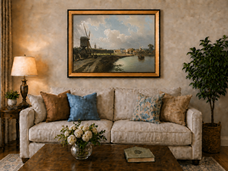 Landscape Oil Painting - Hand-Painted Dutch Canal Windmill View