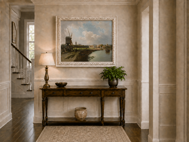 Landscape Oil Painting - Hand-Painted Dutch Canal Windmill View