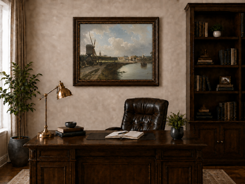 Landscape Oil Painting - Hand-Painted Dutch Canal Windmill View