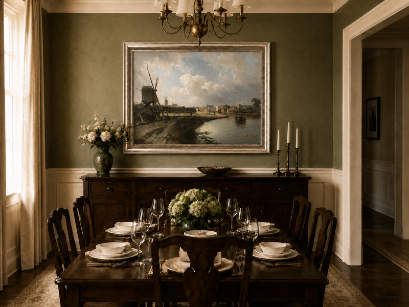 Landscape Oil Painting - Hand-Painted Dutch Canal Windmill View