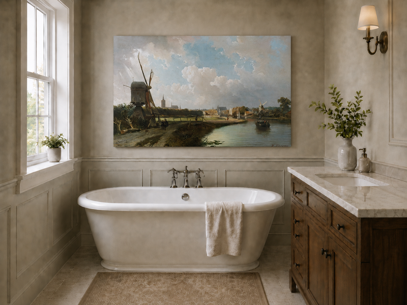 Landscape Oil Painting - Hand-Painted Dutch Canal Windmill View