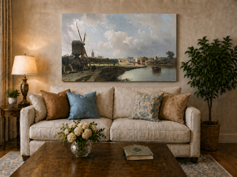 Landscape Oil Painting - Hand-Painted Dutch Canal Windmill View