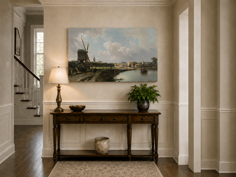 Landscape Oil Painting - Hand-Painted Dutch Canal Windmill View