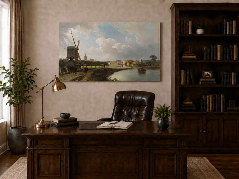 Landscape Oil Painting - Hand-Painted Dutch Canal Windmill View