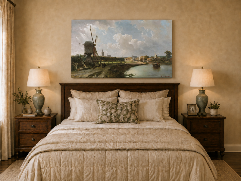 Landscape Oil Painting - Hand-Painted Dutch Canal Windmill View