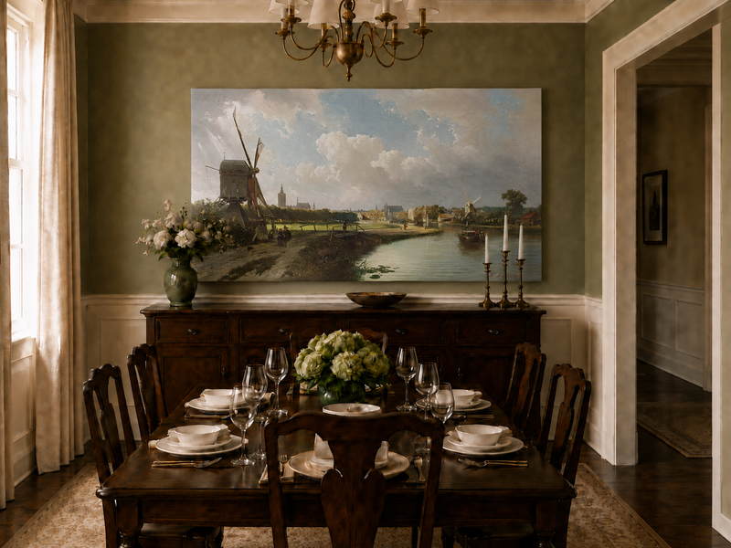 Landscape Oil Painting - Hand-Painted Dutch Canal Windmill View