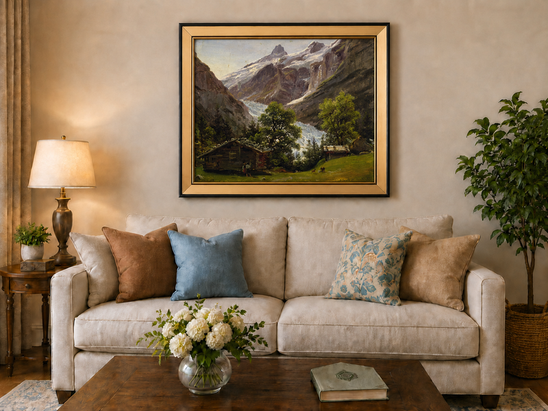 Landscape Oil Painting - Alpine Glacier Valley with Swiss Chalet