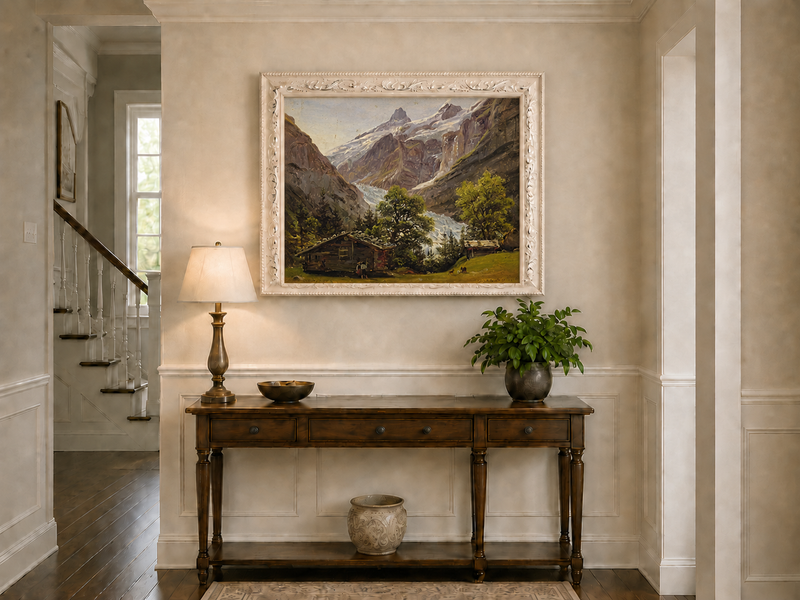 Landscape Oil Painting - Alpine Glacier Valley with Swiss Chalet