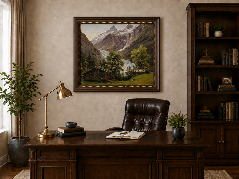 Landscape Oil Painting - Alpine Glacier Valley with Swiss Chalet