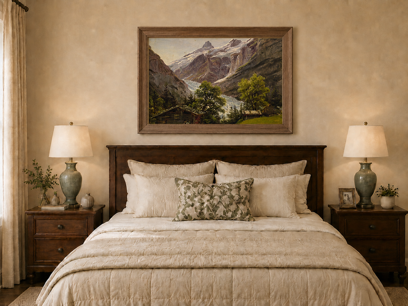 Landscape Oil Painting - Alpine Glacier Valley with Swiss Chalet