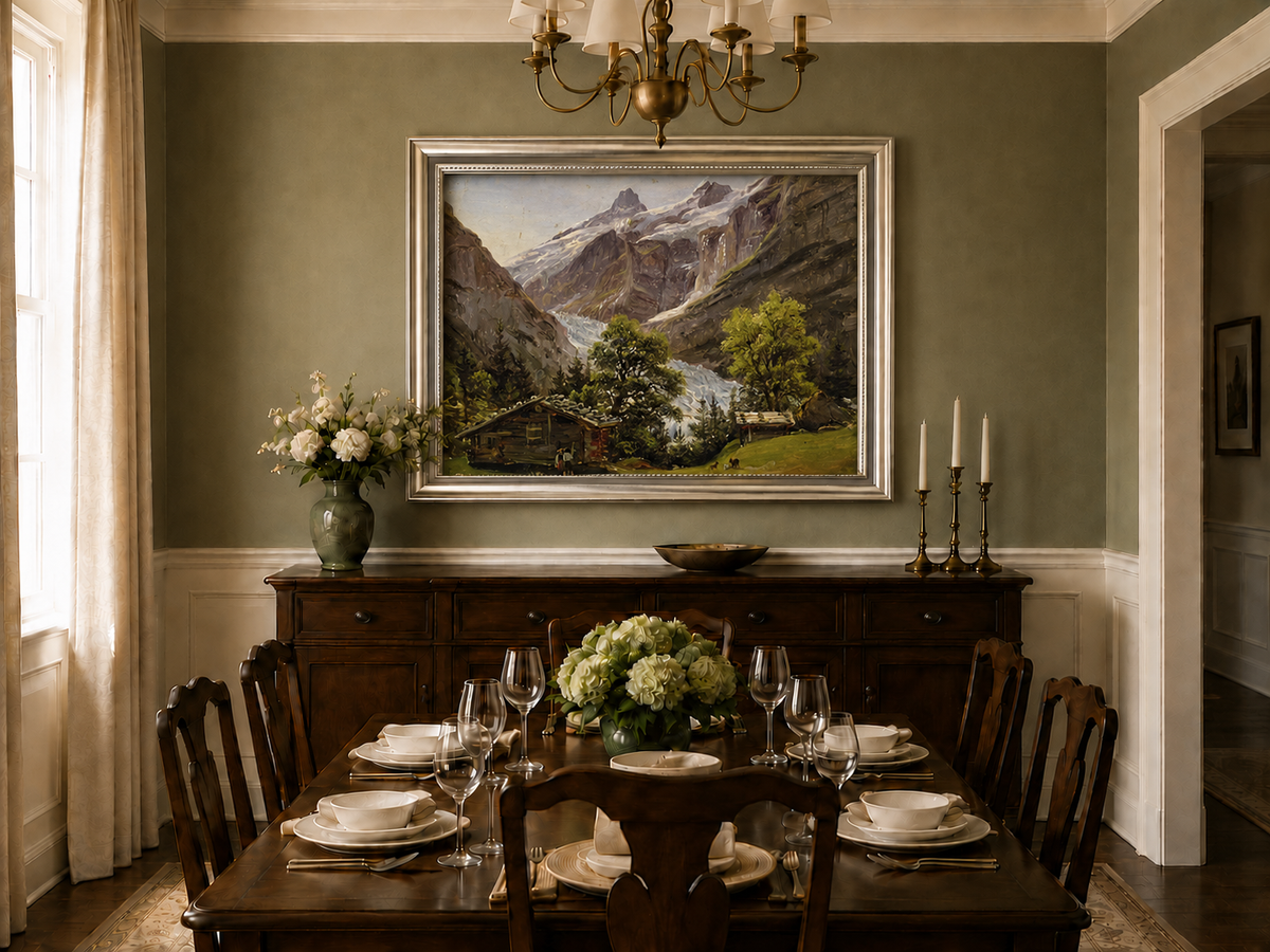 Landscape Oil Painting - Alpine Glacier Valley with Swiss Chalet