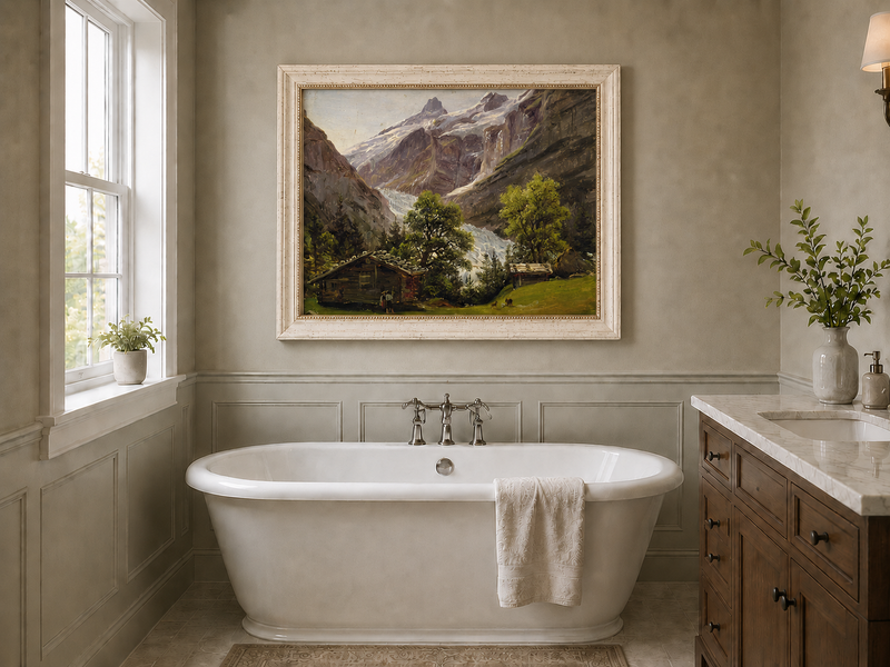 Landscape Oil Painting - Alpine Glacier Valley with Swiss Chalet
