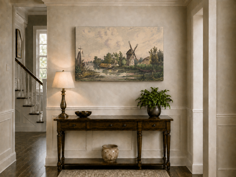 Peinture à l'huile de paysage - Gouffre rocheux spectaculaire avec personnages