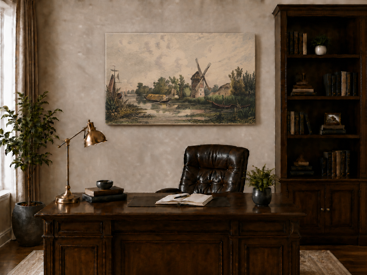Peinture à l'huile de paysage - Gouffre rocheux spectaculaire avec personnages