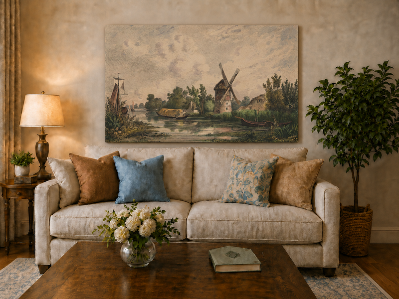 Peinture à l'huile de paysage - Gouffre rocheux spectaculaire avec personnages