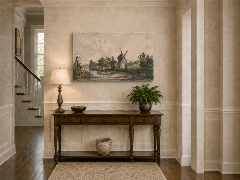 Peinture à l'huile de paysage - Gouffre rocheux spectaculaire avec personnages