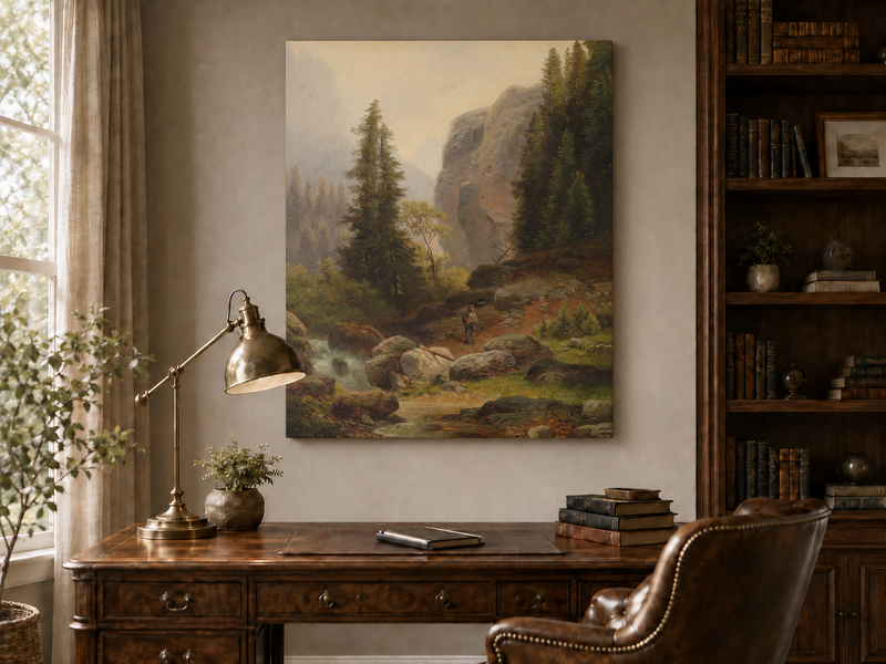 Ölgemälde Landschaft – Bergschlucht, Bach und Kiefernwald
