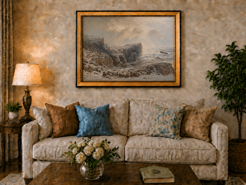 Peinture à l'huile de paysage - Scène de rivière hivernale avec personnages et chevaux