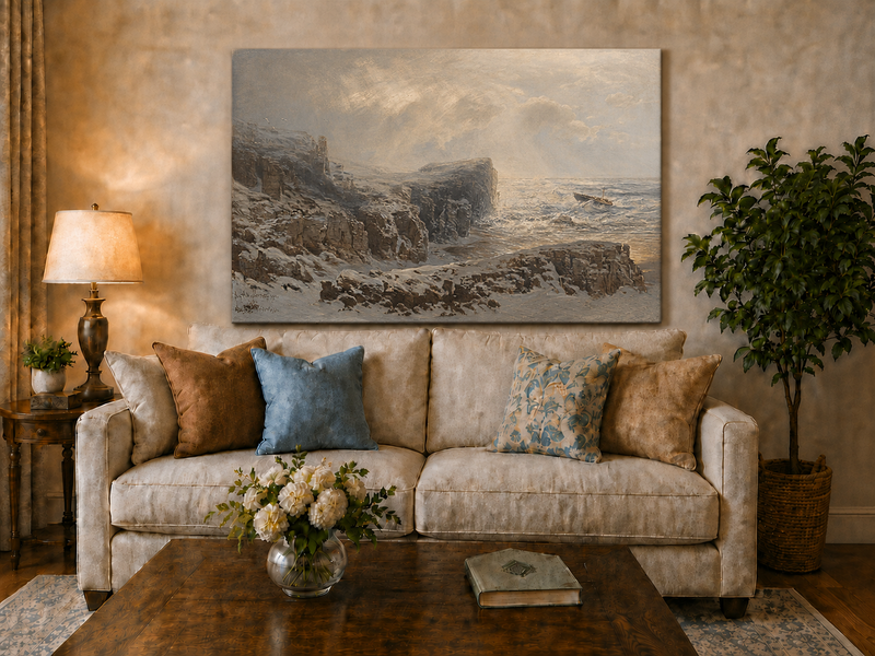 Peinture à l'huile de paysage - Scène de rivière hivernale avec personnages et chevaux