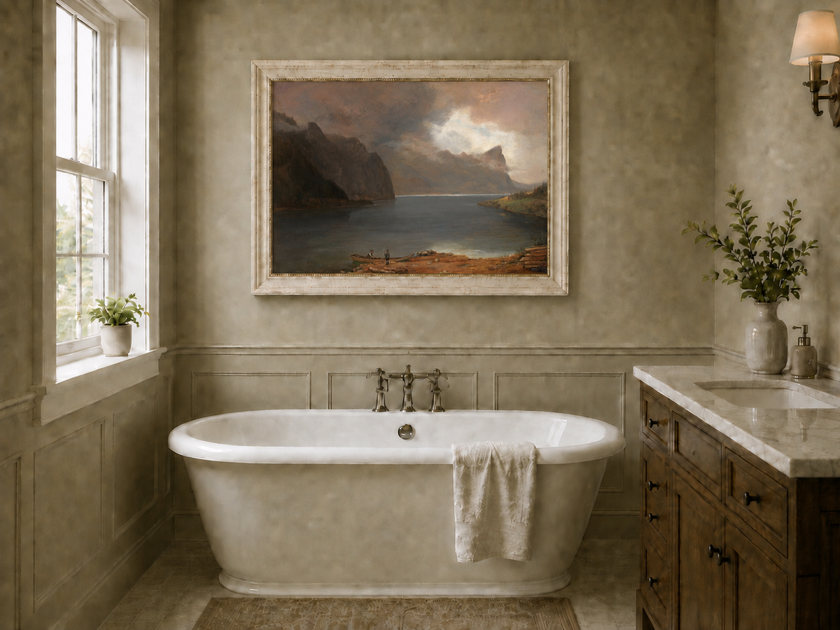 Landscape Oil Painting - Mountain Lake Steep Cliffs Boat