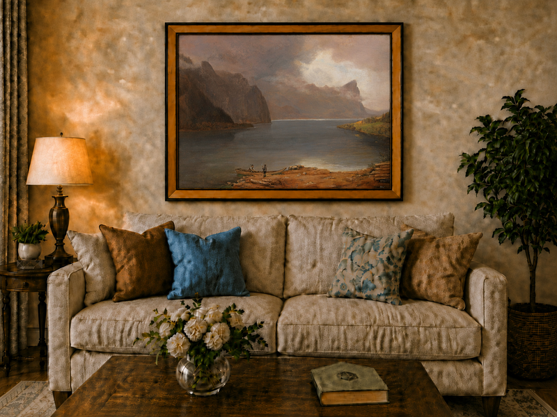 Landscape Oil Painting - Mountain Lake Steep Cliffs Boat