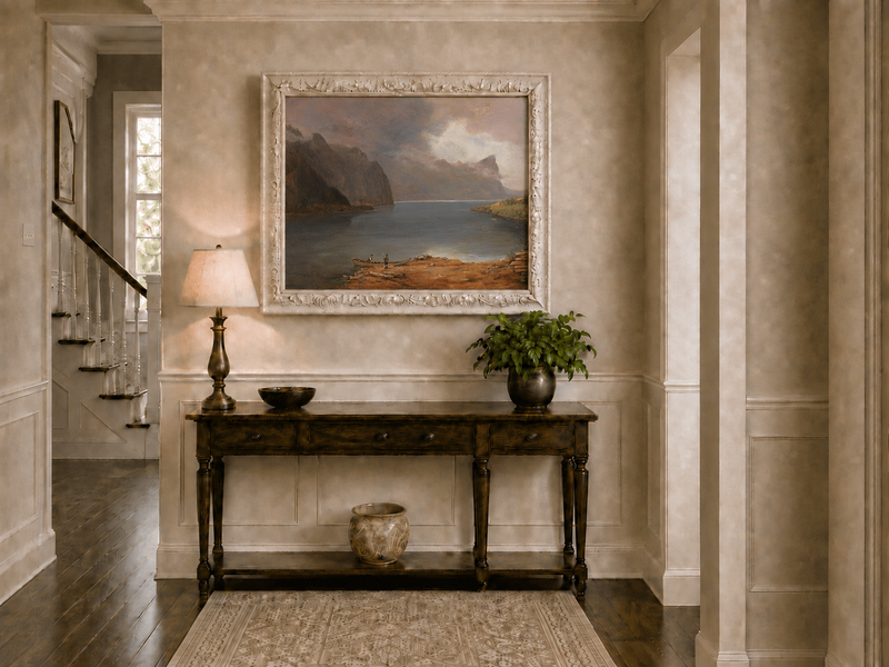 Landscape Oil Painting - Mountain Lake Steep Cliffs Boat