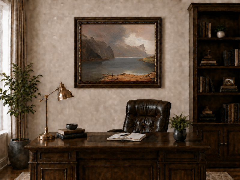 Landscape Oil Painting - Mountain Lake Steep Cliffs Boat