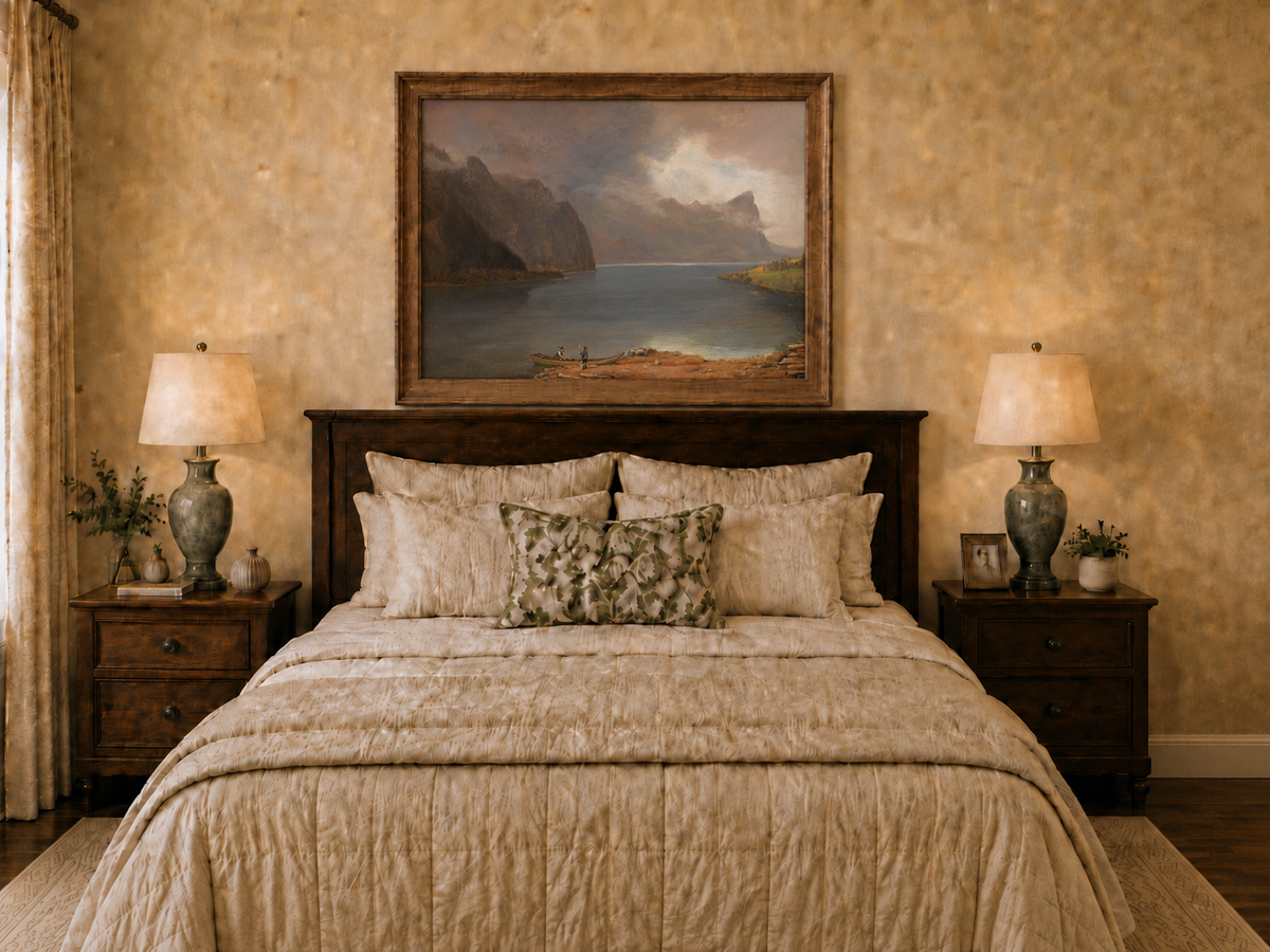 Landscape Oil Painting - Mountain Lake Steep Cliffs Boat